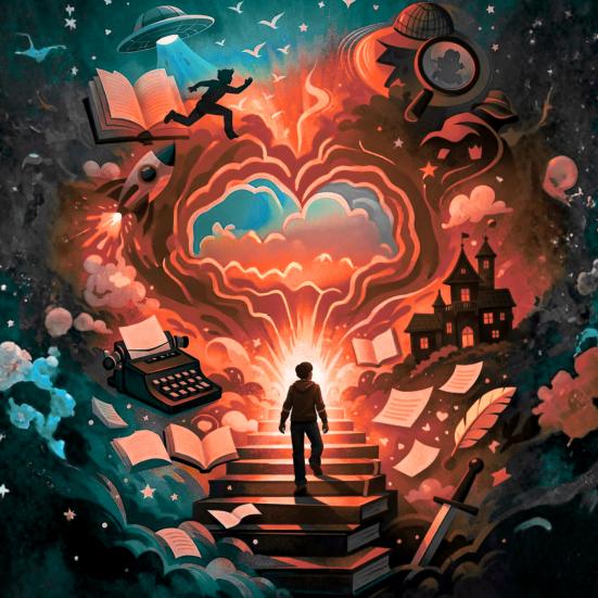 AI-grafik - skikkelse går op af trappe med forskellige symboler rundt om