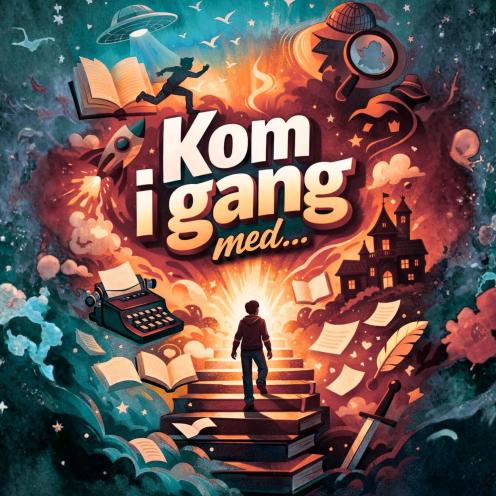 AI-grafik til artikelserie - skikkelse går op ad trappe og rundtom er forskellige symboler, fx en skrivemaksine, en lup, en ufo