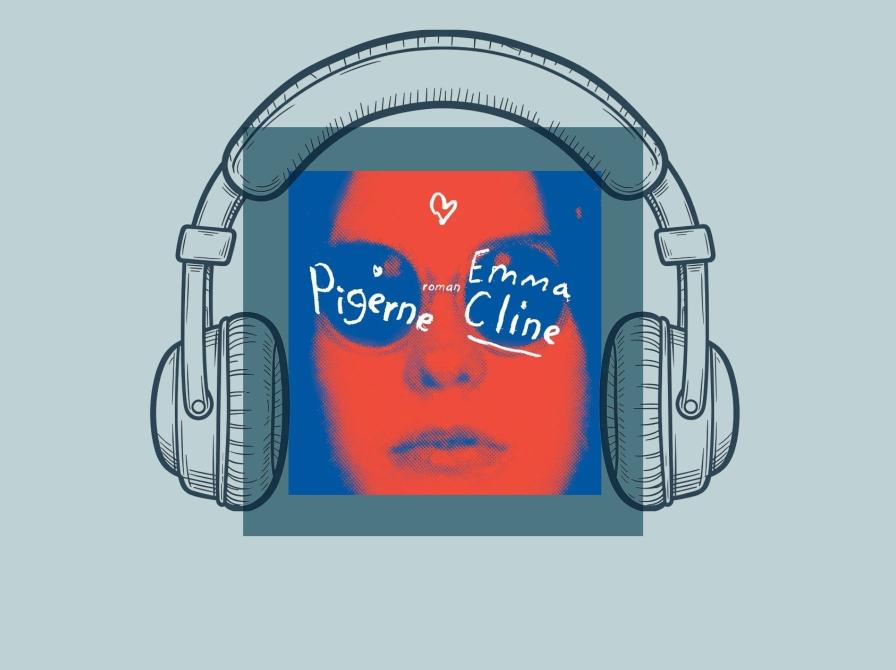 Coveret til ‘Pigerne’ af Emma Cline omgivet af tegnede hovedtelefoner.